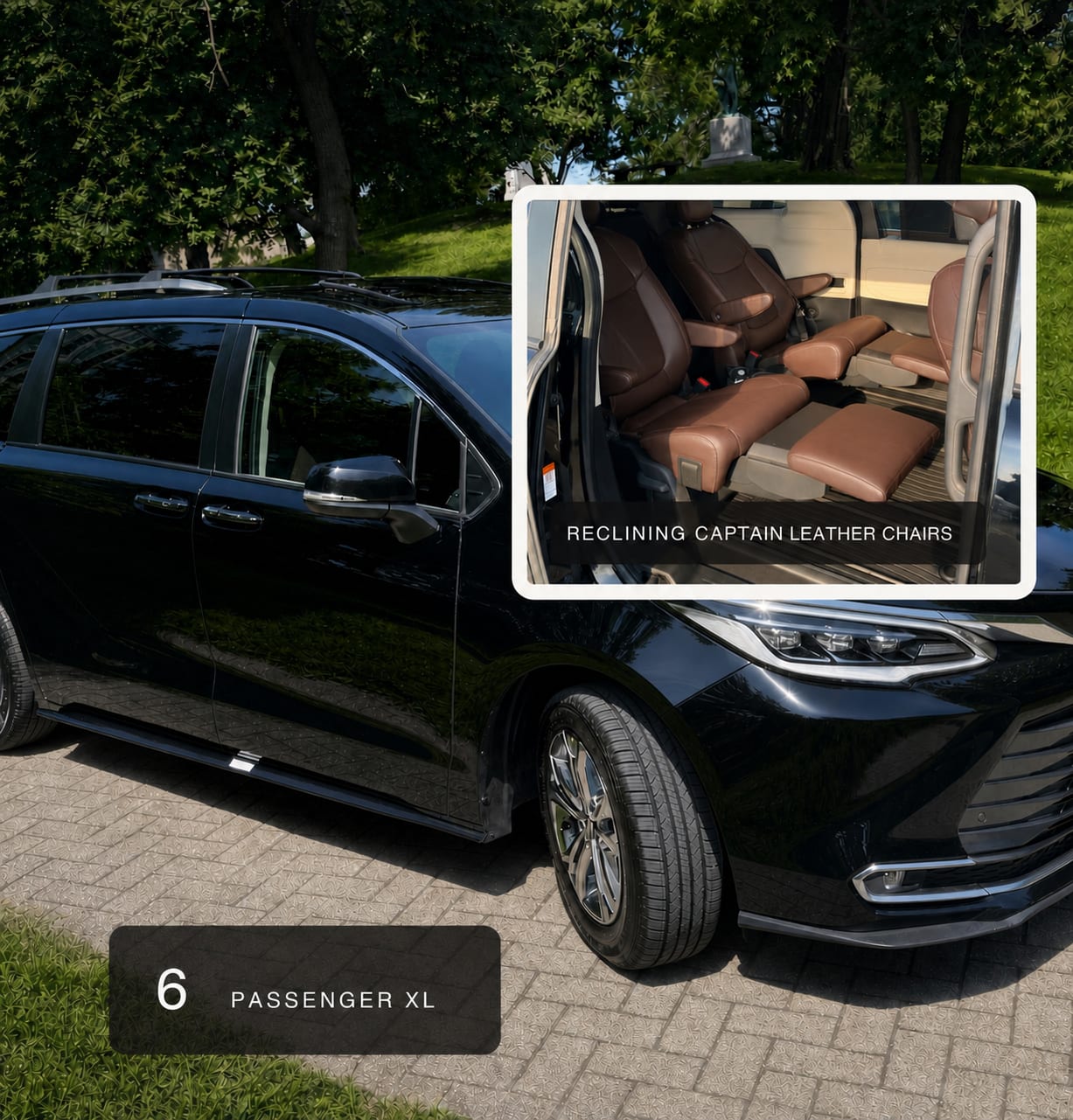 Black Platinum Edition Toyota Sienna Hybrid with an inset view of clean reclining captain leather chairs